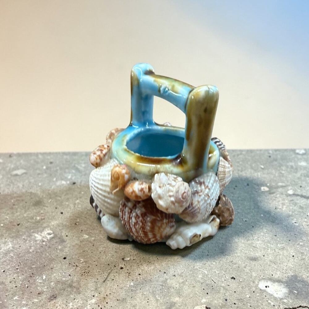 Vintage Seashell Wishing Well Mini Planter Turquoise Ceramic Coastal Beach Decor